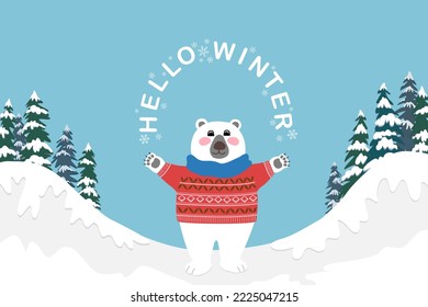 White polar bear wearing red sweater and scarf standing and hands up with texts Hello Winter, mountain, pine trees, snow and blue sky on background, vector cartoon character drawing