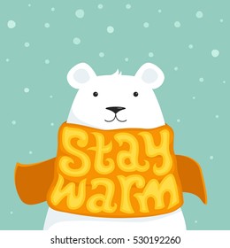 White polar bear wearing a scarf. Stay warm! Vector illustration 