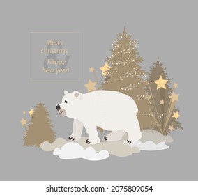 White polar bear in winter before Christmas and Happy New Year, postcard