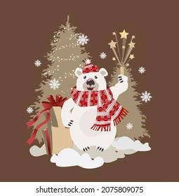 White polar bear in winter before Christmas and Happy New Year, postcard