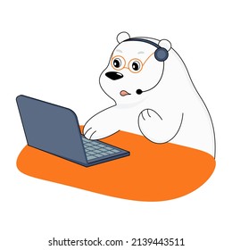White polar bear works hard on laptop in a headset and glasses. Cartoon character. Flat vector illustration