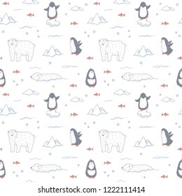 White polar bears and cute penguins seamless pattern in cartoon style on white background. Vector hand drawn illustration