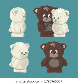 white polar and brown grizzly smiling happy bears poses set are in love cartoon vector illustration on blue background. Grizzly male bear makes a gift a tropical leaf for polar female bear