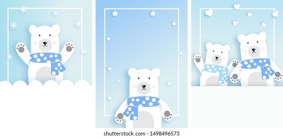 white polar for Christmas greeting card , birthday card . set of  cute card in paper cut and craft style . 