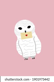 white polar owl with an envelope in its beak. pink background. vector isolated drawing