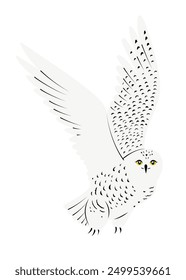 White Polar owl flying, hand drawn in flat design majestic bird. Isolated on white background vector illustration