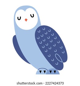 White polar owl or snowy owl, cute arctic bird character, sitting with closed eyes, flat vector illustration isolated on white background.