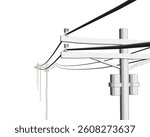 A white pole with black wires is shown in the foreground. The pole is tall and has a black and white color scheme. The wires are spread out and appear to be connected to a power source