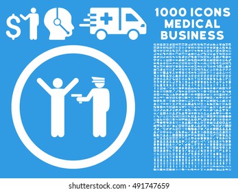 White Police Arrest vector rounded icon. Image style is a flat icon symbol inside a circle, blue background. Bonus clip art is 1000 medicine business pictograms.