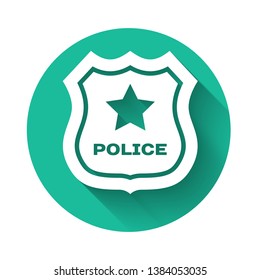 White Police badge icon isolated with long shadow. Sheriff badge sign. Green circle button. Vector Illustration