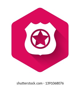 White Police badge icon isolated with long shadow. Sheriff badge sign. Pink hexagon button. Vector Illustration