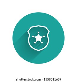 White Police badge icon isolated with long shadow. Sheriff badge sign. Green circle button. Vector Illustration
