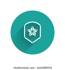 White Police badge icon isolated with long shadow. Sheriff badge sign. Shield with star symbol. Green circle button. Vector Illustration