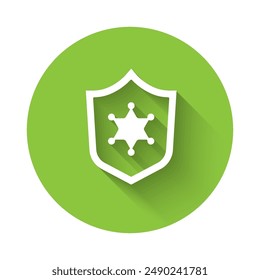 White Police badge icon isolated with long shadow. Sheriff badge sign. Green circle button. Vector