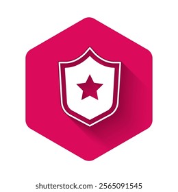 White Police badge icon isolated with long shadow background. Sheriff badge sign. Shield with star symbol. Pink hexagon button. Vector