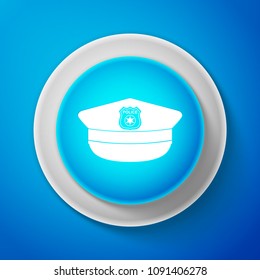 White Police cap with cockade icon isolated on blue background. Police hat sign. Circle blue button with white line. Vector Illustration