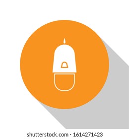 White Police cap with cockade icon isolated on white background. Police hat sign. Orange circle button. Vector Illustration