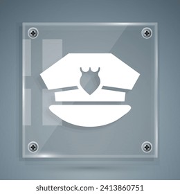 White Police cap with cockade icon isolated on grey background. Police hat sign. Square glass panels. Vector