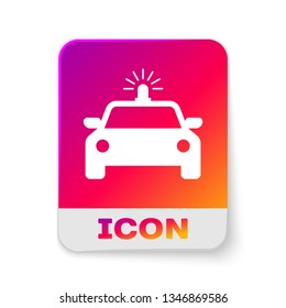 White Police car and police flasher icon isolated on white background. Emergency flashing siren. Rectangle color button. Vector Illustration