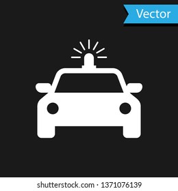 White Police car and police flasher icon isolated on black background. Emergency flashing siren. Vector Illustration