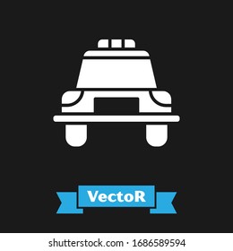 White Police car and police flasher icon isolated on black background. Emergency flashing siren.  Vector Illustration