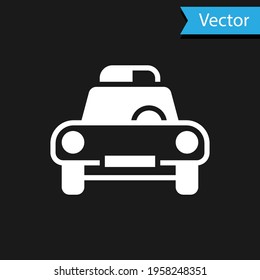 White Police car and police flasher icon isolated on black background. Emergency flashing siren. Vector
