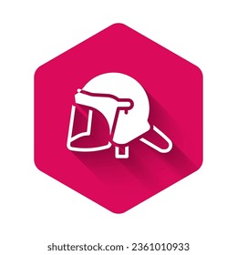 White Police helmet icon isolated with long shadow. Military helmet. Pink hexagon button. Vector