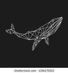White poligonal whale on black background, black&white illustration