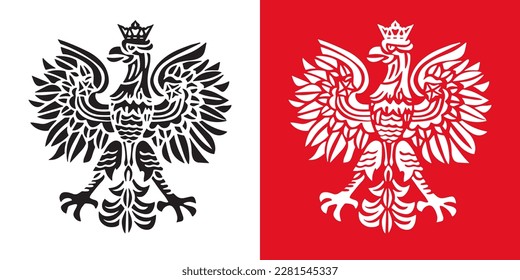 White Polish Eagle Symbol Emblem. Vector national emblem in engraved style. Set of two.