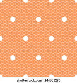 White polka dot on orange lace mesh seamless pattern, vector