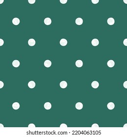 Punto de Polka Blanco sobre fondo verde pino, fondo navideño, patrón sin foco. Ilustración festiva para vacaciones, papel de envolvimiento, vector EPS de textura.