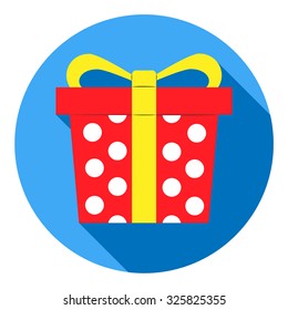 White polka dot on red present tide with yellow ribbon icon on flat design