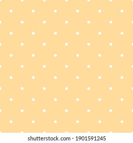 White Polka Dots. Baby Repetitive Background. Vector Seamless Pattern. Classic Stylish Texture. Yellow Fabric Swatch. Wrapping Paper. Continuous Print. Design Element For Textile, Apparel, Decor