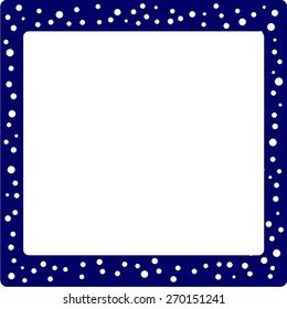 White polka dots of different sizes on navy blue frame, lots of white copy space - vector illustration. 