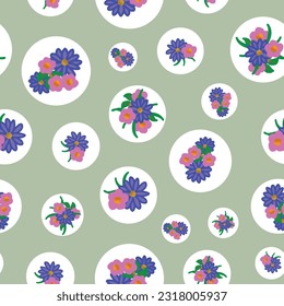 White polka dots full of bouquets of blue and purple daisies and pink flowers stand scattered across a green background to complete this seamless repeat pattern design.