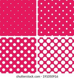 White polka dots on pink vector background set. Sweet retro fabric tile pattern collection with spots for kids website design background or desktop wallpaper