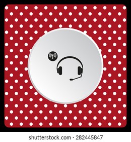 white polka dots on a red Headphones. Musical accessories running through wi-fi network. icon. vector design