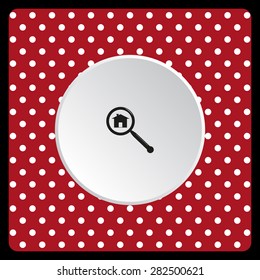 white polka dots on a red Search house. Magnifying glass. Search. icon. vector design