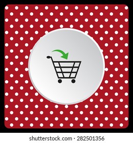 white polka dots on a red put in shopping cart. icon. vector design
