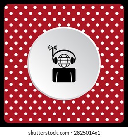 white polka dots on a red white polka dots on a red with headphones listening to music, head planet. icon. vector design
