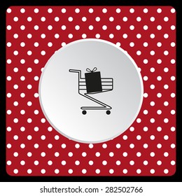 white polka dots on a red put in shopping cart. icon. vector design