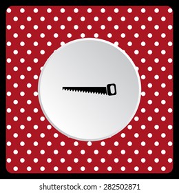 white polka dots on a red Hand saw woodworking instrument icon. icon. vector design