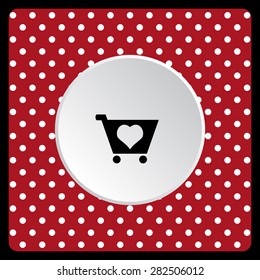 white polka dots on a red put in shopping cart. icon. vector design