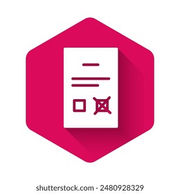White Poll document icon isolated with long shadow. Pink hexagon button. Vector