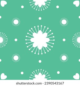 White pollens, flowers, dots, and hearts on a green background, for fabric patterns, gift wrapping paper, placemats, home decoration, bedding set covers, curtains, table covers, and others.