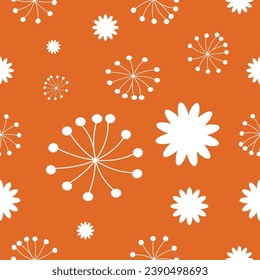 White pollens and little flowers on a bright orange background, designed for fabric patterns, gift wrapping paper, placemats, home decoration, bedding set covers, curtains, table covers, and others.