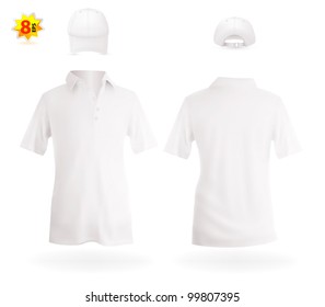 White polo shirt and a baseball hat.