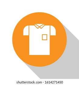 White Polo shirt icon isolated on white background. Orange circle button. Vector Illustration