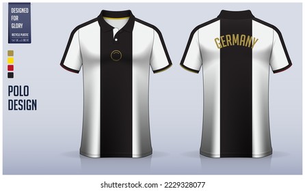 White polo shirt mockup template design for soccer jersey, football kit, golf, tennis, sportswear. Germany pattern design. Sport uniform in front view, back view. Vector Illustration.