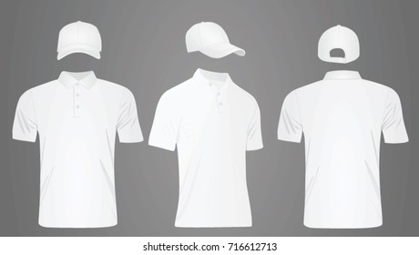 White polo t shirt and baseball cap template. vector illustration. front, side and back view 
